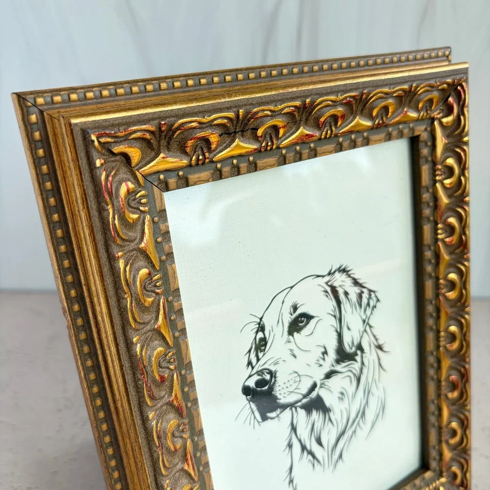 Vintage Ornate Gold Picture Frame with Golden Retriever Dog Art 4x6 Portrait